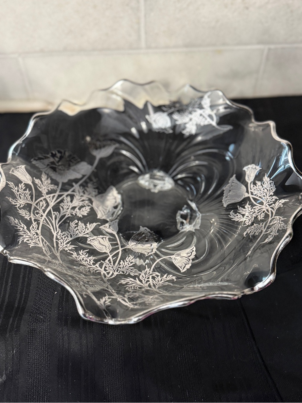 VTG 12” Silver overlay Poppy Glass Ruffled Foot Bowl